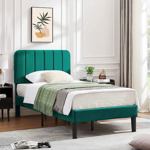 Twin size Green Upholstered Platform Bed Frame with Headboard