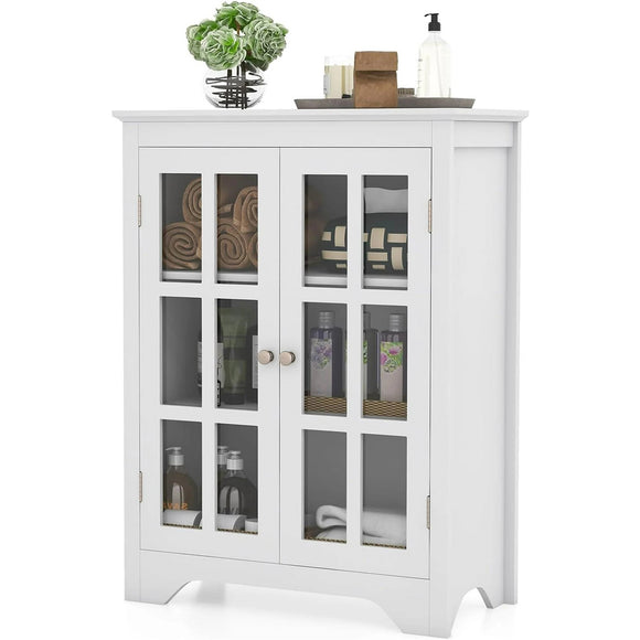 White Bathroom Storage Linen Cabinet with Adjustable Shelves and Glass Doors