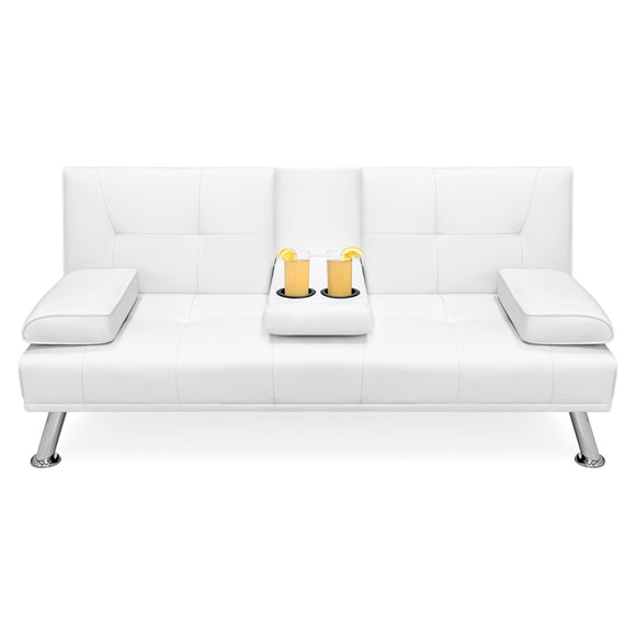 White Faux Leather Convertible Sofa Futon with 2 Cup Holders
