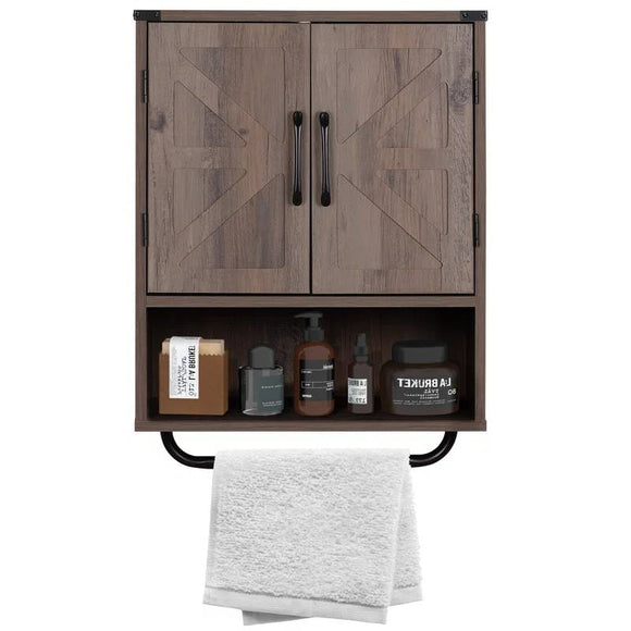 Farmhouse Bathroom Wall Cabinet with Towel Bar in Taupe Grey Brown Wood Finish