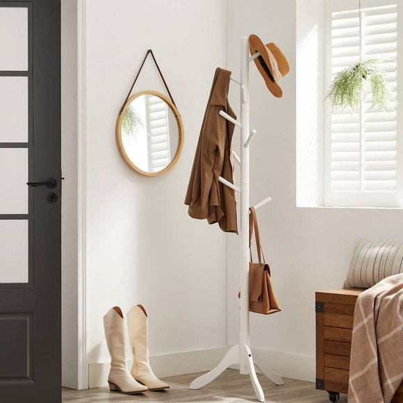 Modern Solid Wood Coat Rack in White Finish with 8 Hooks