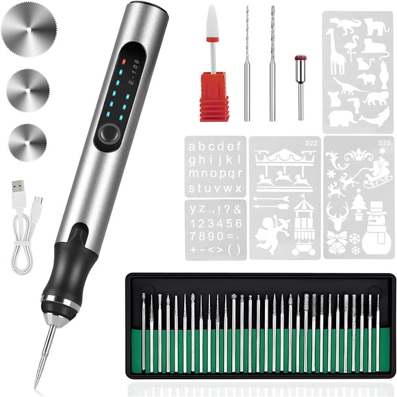 Electric Engraving Pen with 33Pcs Burr Bits 5Pcs Stencils 3 Gears Speed Rechargeable Cordless Professional Engraver Etching Machine For Jewelry Glass