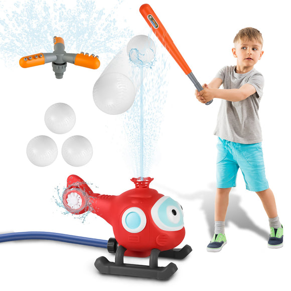 2 In 1 Water Sprinkler Baseball Helicopter Toy for Kids 360°Rotating Water Tee Ball Set for Backyard Lawn Pool Party Outdoor Summer Game for 3+ Years