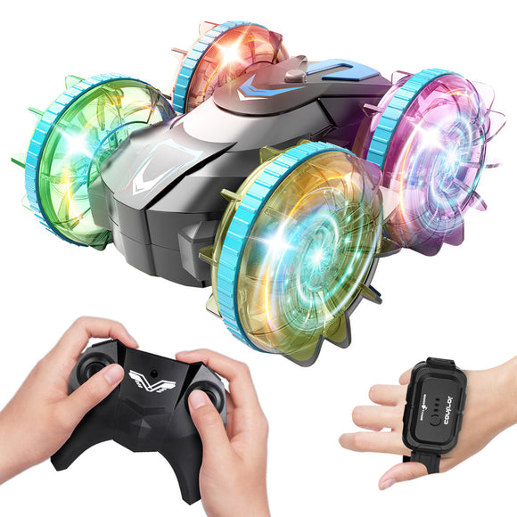 2 In 1 Amphibious RC Car Waterproof Stunt Car with Wrist Controller 4WD 360° Rotating Gesture Car with RGB Lights for Kids Aged 6+ Years Old Double-si