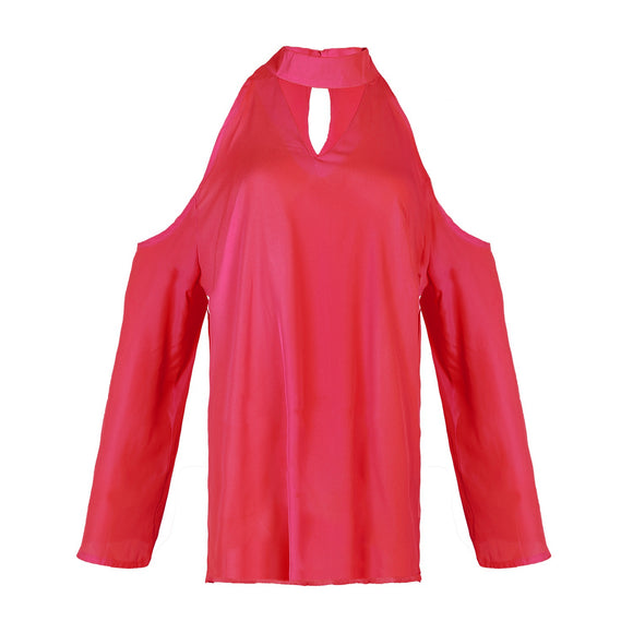 Women\'s Sexy Off The Shoulder Blouses Cold Shoulder Tops V-Neck Long Sleeve T-Shirt Solid Color Summer