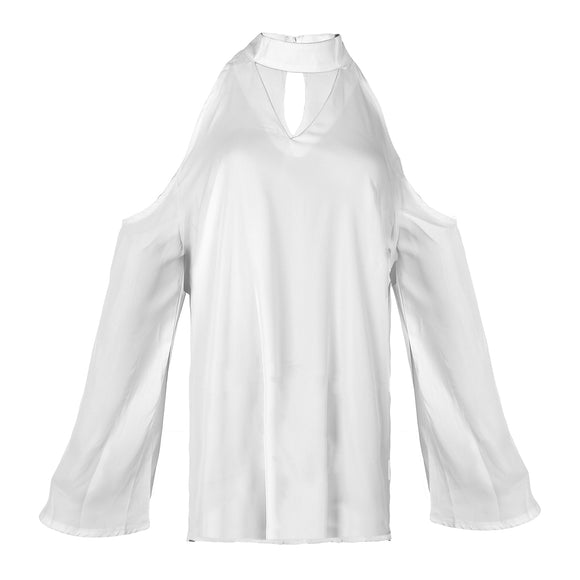 Women\'s Sexy Off The Shoulder Blouses Cold Shoulder Tops V-Neck Long Sleeve T-Shirt Solid Color Summer