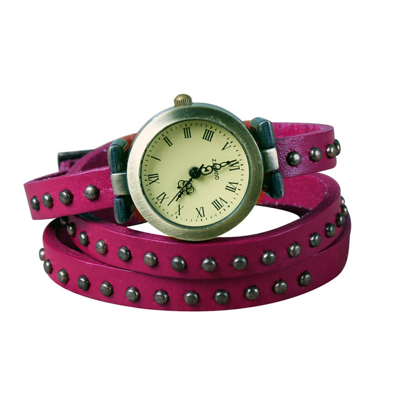 Fashionable Rivet Leather Belt Retro Watch Hand Chain-pink