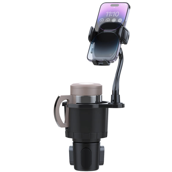 2 In 1 Car Cup Phone Holder Automotive Drink Holder with 360° Rotating Gooseneck Phone Mount Adjustable Base Fit for Most Phones Cups Vehicles