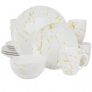 Fine Marble 16 Piece Stoneware Dinnerware Set in Gold and White