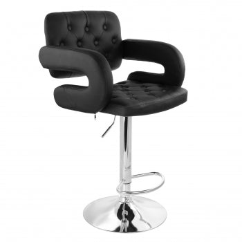 Faux Leather Tufted Bar Stool in Black with Chrome Base and Adjustable Height