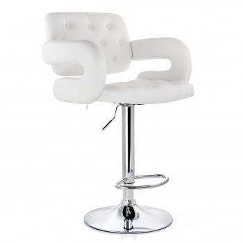 Faux Leather Tufted Bar Stool in White with Chrome Base and Adjustable Height
