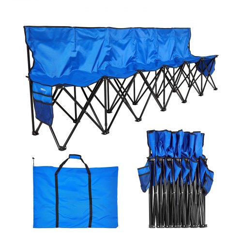 Folding Chair Sport 6 Seat Sideline Team Bench with Sidebag Carry Bag Blue