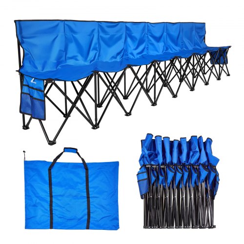 Folding Chair Sport 8 Seat Sideline Team Bench w/ Sidebag Carry Bag Blue