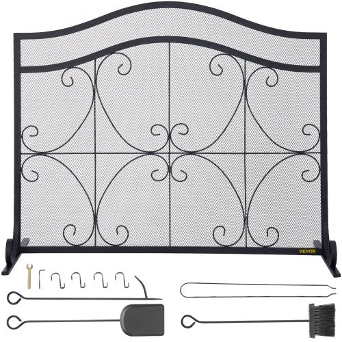 Fireplace Screen, 38 x 26.5 Inch,Heavy Duty Iron Freestanding Spark Guard with Support, Metal Mesh Craft, Broom Tong Shovel Poker Included for Fireplace Decoration & Protection, Black