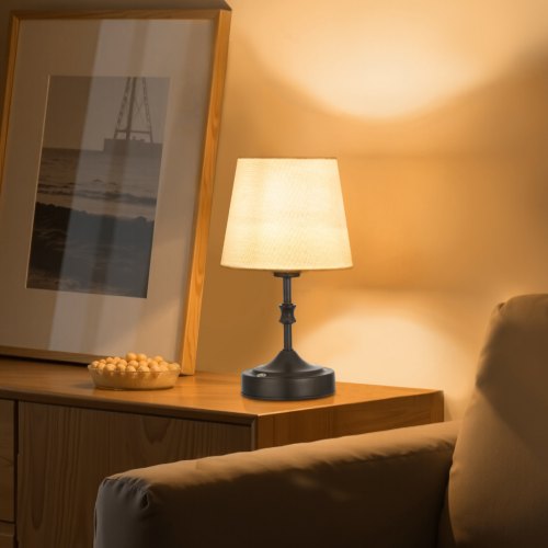 Cordless Table Lamp Rechargeable Battery Small Desk Lamp Fabric Shade Black
