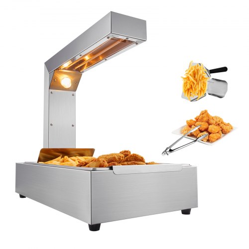 French Fry Food Warmer, 750W Commercial Food Heating Lamp, Electric Stainless Steel Warming Light Dump Station, Countertop 104-122F Fries Food Warmer for Chip Buffet Kitchen Restaurant, Silver