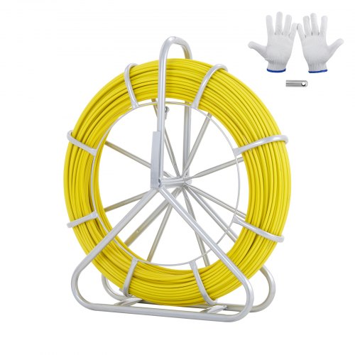 Fish Tape Fiberglass, 425 ft, 1/4 inch, Duct Rodder Fishtape Wire Puller, Cable Running Rod with Steel Reel Stand, 3 Pulling Heads, Fishing Tools for Walls and Electrical Conduit, Non-Conductive