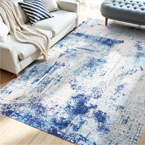 Large Area Rug 5 x 7 ft Anti-Skid and Tear-Resistant Floor Mat Modern Blue