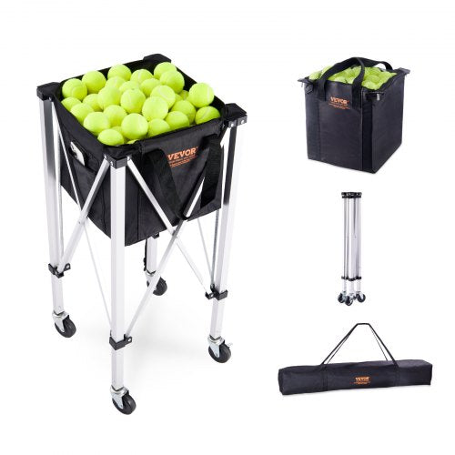 Foldable Tennis Ball Hopper, Holds 150 Tennis Balls, Lightweight Aluminum Alloy Tennis Ball Basket Cart with Wheels, Removable Bag, Carry Bag, Portable Sports Teaching Cart for Tennis Player