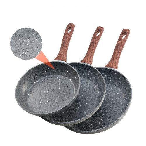 3 Piece Frying Pan Aluminum Skillet Set 9.5 11 12 in Nonstick Pre-Seasoned Grey