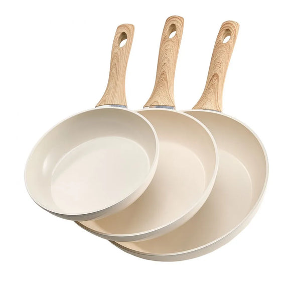 3 Piece Frying Pan Aluminum Skillet Set 8 9.5 11 in Handle Pre-Seasoned Beige