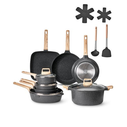 19 Piece Pots and Pans Set Granite Nonstick Kitchen Cookware Induction Black