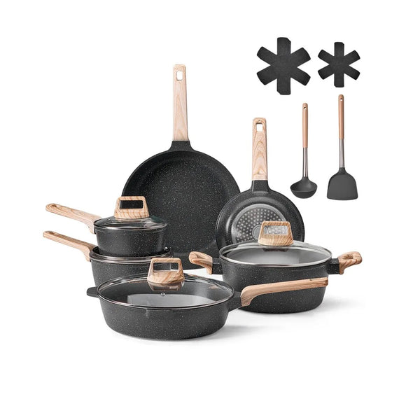 17 Piece Pots and Pans Set Granite Nonstick Kitchen Cookware Induction Black