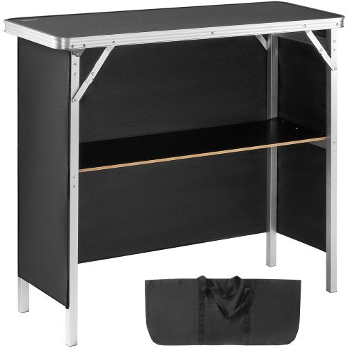 Folding Portable Bar Table, Tradeshow Podium Table for Indoor, Outdoor, Party, Picnic, Exhibition, Includes Carrying Case, Storage Shelf and  Black Skirt, 38.39