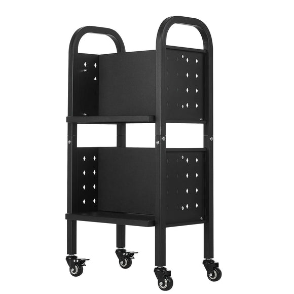 2-Tier Rolling Book Cart Double Sided L-Shaped Shelves Book Truck in Black