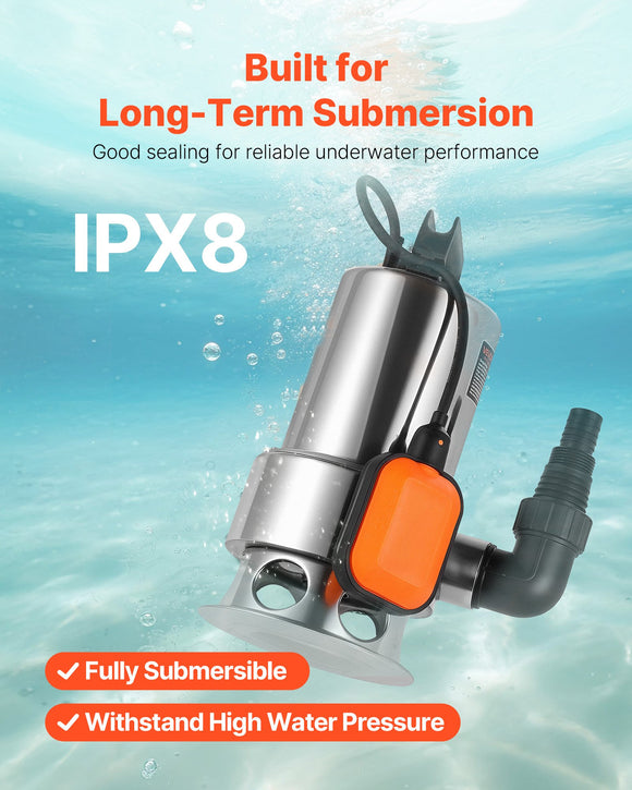 0.68 HP Submersible Sump Pump Sewage Pump 4000 GPH 30 ft Stainless Steel