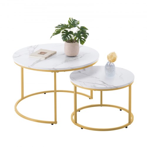 Nesting Coffee Table Set of 2, 27.6 in Round Coffee Table, Nesting Tables for Small Place, Vintage End Side Tables Night Stand with Metal Frame, for Living Room, Bedroom, Office (White & Gold)