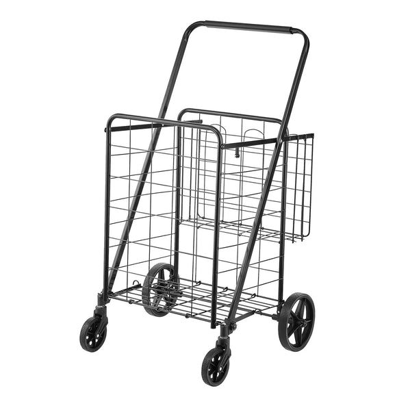 Folding Shopping Cart, Jumbo Grocery Cart with Double Baskets, 360 Swivel Wheels, Heavy Duty Utility Cart, 110 LBS Large Capacity Utility Cart for Laundry, Shopping, Grocery, Luggage