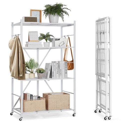 Folding Storage Shelf with Wheels 4-Tier No Assembly Organizer Shelf White