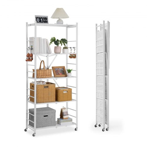 Folding Storage Shelf with Wheels 5-Tier No Assembly Organizer Shelf White