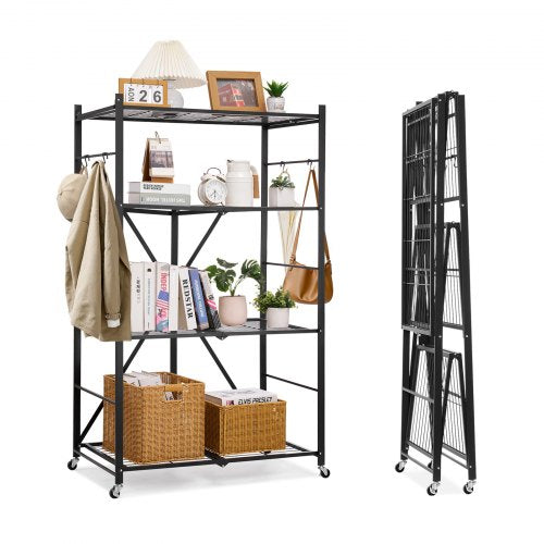 Folding Storage Shelf with Wheels 4-Tier No Assembly Organizer Shelf Black