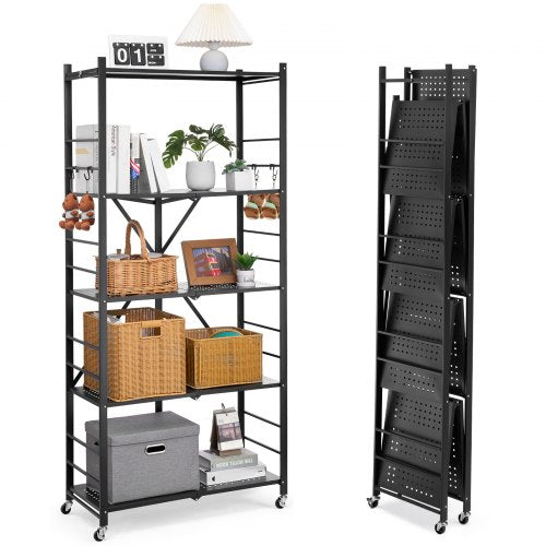 Folding Storage Shelf with Wheels 5-Tier No Assembly Organizer Shelf Black