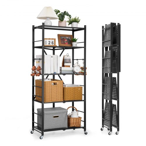 Folding Storage Shelf with Wheels 5-Tier Metal Shelving Unit Black
