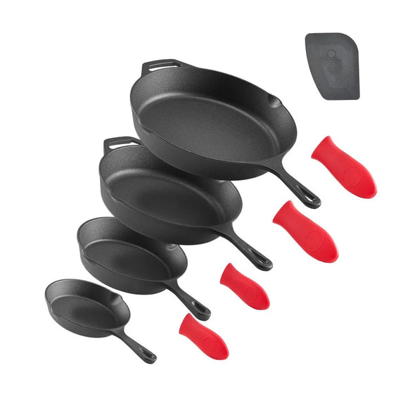 4 Piece Cast Iron Skillet Frying Pan Set 6 8 10 12 in with Silicone Handle Black