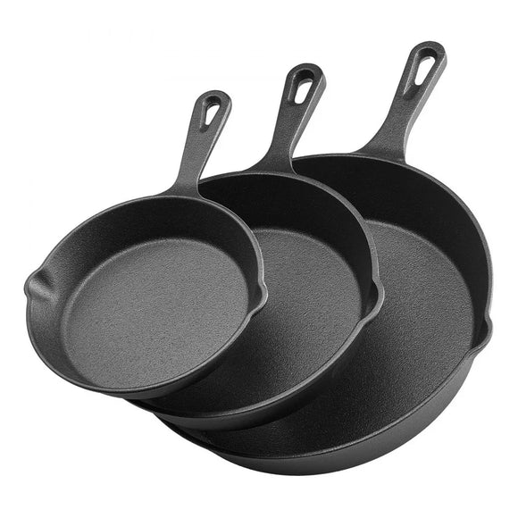 3 Piece Cast Iron Skillet Frying Pan Set 6 8 10 in Handle Pre-Seasoned Black