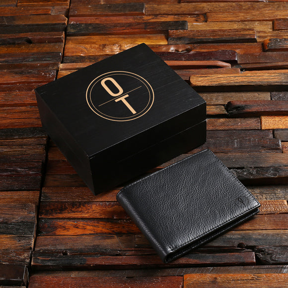 Personalized Black Engraved Leather Wallet & Black Wood Box for Men