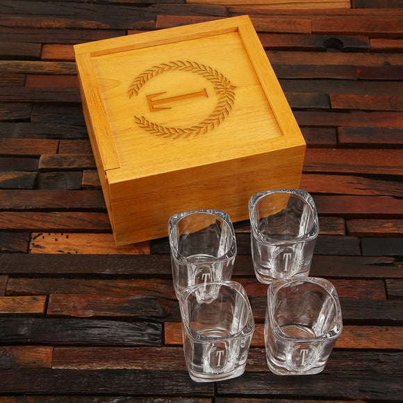 Four Personalized Shot Glasses with a White Oak Keepsake Box Engraved