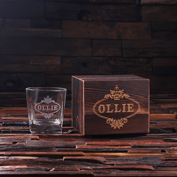 Personalized Whiskey Scotch Glass Set with Wood Box Gift