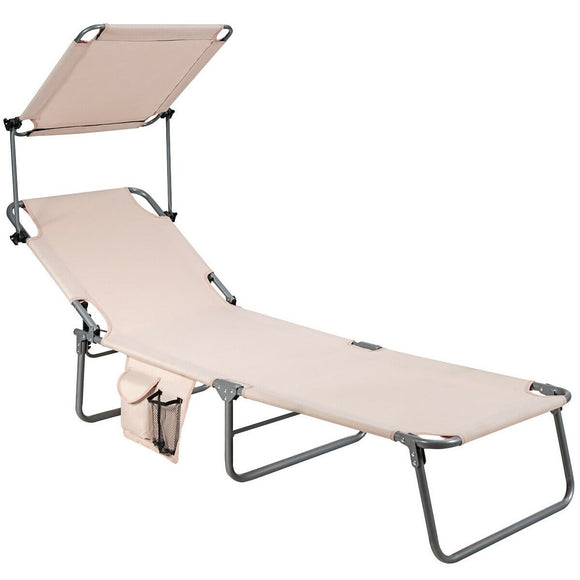 Adjustable Outdoor Beach Patio Pool Recliner Chair with Canopy Shade