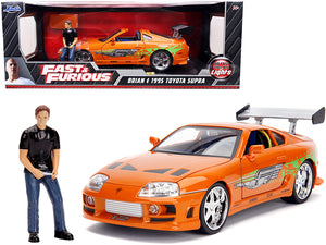 1995 Toyota Supra Orange Metallic with Lights and Brian Figurine \Fast & Furious\" Movie 1/18 Diecast Model Car by Jada"