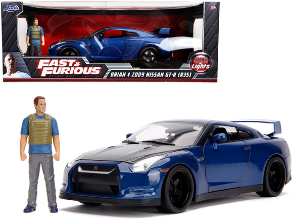 2009 Nissan GT-R (R35) Blue Metallic and Carbon with Lights and Brian Figurine Fast & Furious