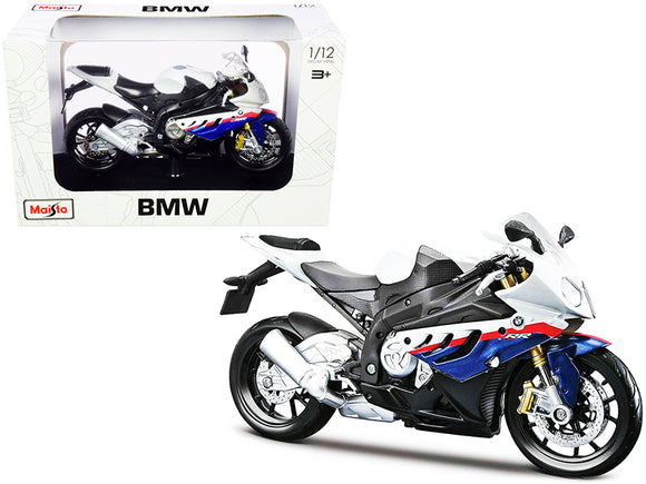 PACK OF 2 - BMW S 1000 RR White with Blue and Red Stripes with Plastic Display Stand 1/12 Diecast Motorcycle Model by Maisto