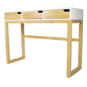 White & Natural Solid Wood Three Drawer Console Table