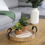 Round Wooden Tray with Leather Handles