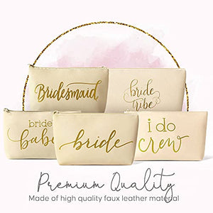 11 Piece Set of Cream Beige Faux Leather Bride and Bridal Party Leather Makeup Bags for Bachelorette Parties, Weddings, and Bridal Showers