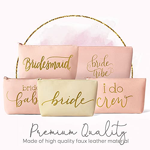 11 Piece Set of Blush Pink Faux Leather Bride and Bridal Party Leather Makeup Bags for Bachelorette Parties, Weddings, and Bridal Showers